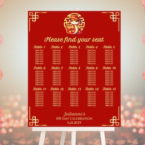 100 Day - Year of the Snake Seating Chart, Editable | 100 Day Party Seating Chart | Red Egg and Ginger Party Printable