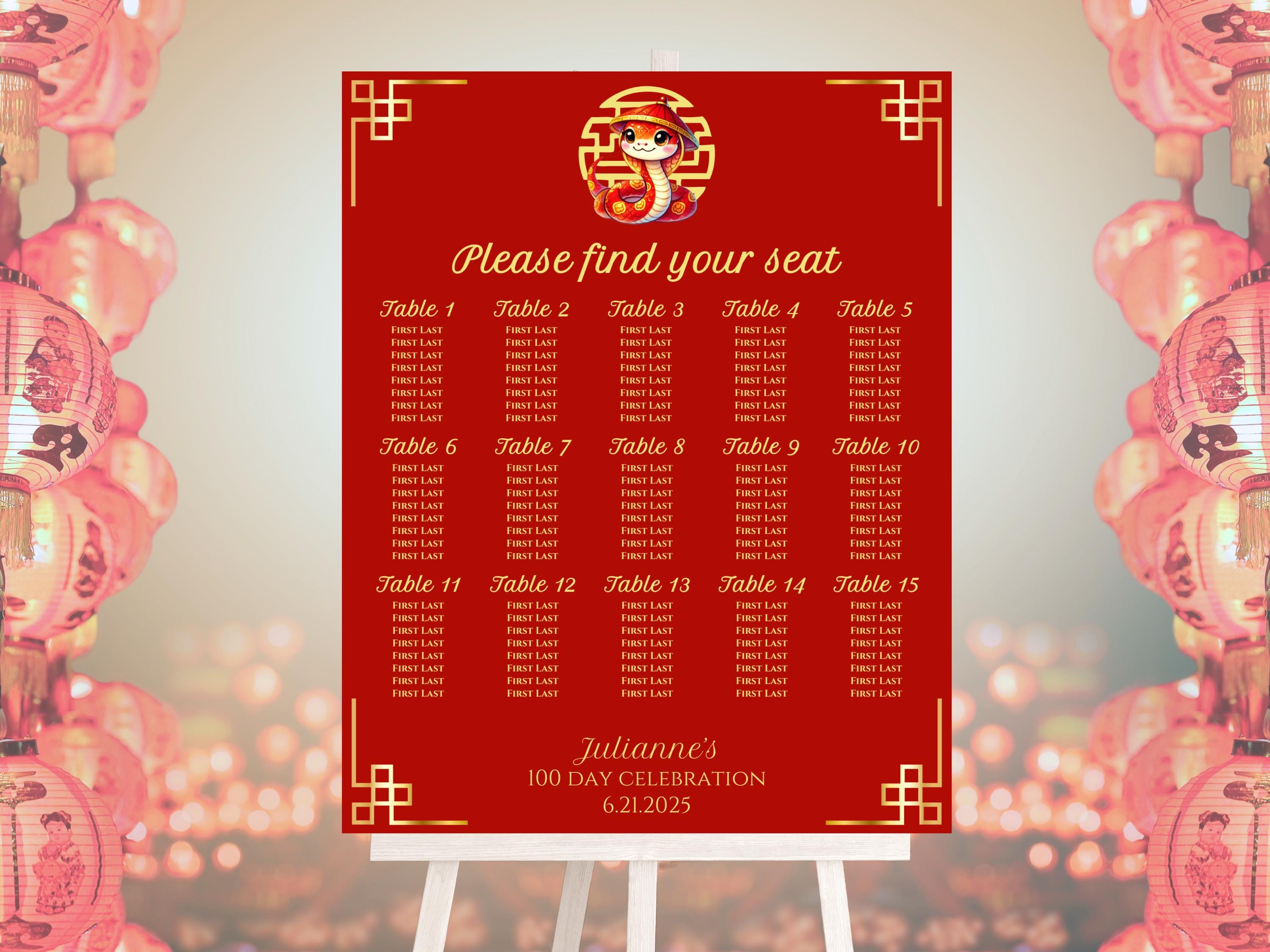 100 Day - Year of the Snake Seating Chart, Editable | 100 Day Party Seating Chart | Red Egg and Ginger Party Printable