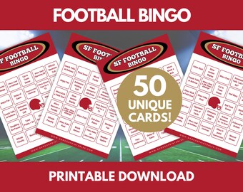 May include: A set of four red and white SF Football Bingo cards with a football helmet graphic. The cards have various football-related terms and phrases. The image also includes a gold circle with the text "50 UNIQUE CARDS!" and the words "PRINTABLE DOWNLOAD".