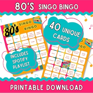 Bingo à musique des années 80 avec liste de lecture, 40 cartes de bingo, Singo, Bingo des années 80, Bingo des années 80, Fête des années 80, Jeux de fête, Jeux à imprimer