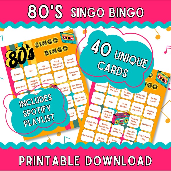 80s Music Bingo With Playlist, 40 Bingo Cards, Singo, 80s Bingo, 1980s Bingo, 80s Party, Party Games, Printable Games