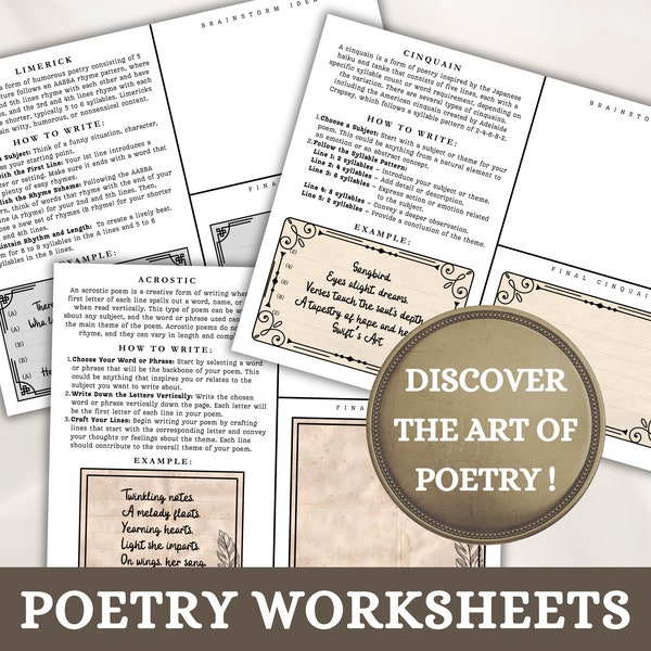 Poetry Worksheets | Poetry Party Activity | How to Write an Acrostic, Haiku, Cinquain, Diamante, Limerick | TTPD Printable Poetry Worksheets