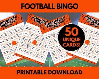 Bingo de los Cincinnati Bengals: 50 tarjetas imprimibles para fiestas de fútbol (descarga digital)