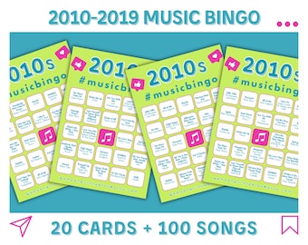 Bingo musical de la década de 2010 con lista de reproducción / Bingo musical 2010-2019 / 20 tarjetas de bingo / Fiesta imprimible / Juegos de cumpleaños / Juegos de fiesta de oficina
