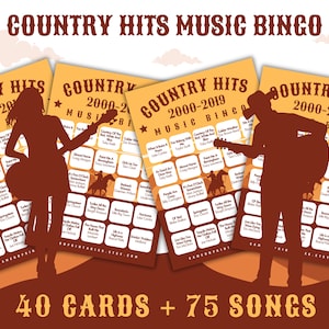 Musique country 2000-2019 Bingo avec liste de lecture | Musique country à succès Bingo | 40 cartes de bingo | Chansons country Musique Bingo | Jeux imprimables