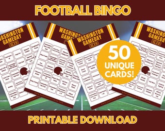 May include: Football Bingo game cards with a burgundy and gold color scheme. The cards are labeled "Washington Gameday Bingo" and feature football-related terms. The image also includes the text "50 Unique Cards!" and "Printable Download."