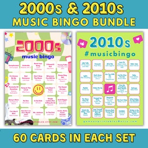 Music Bingo - 2 Pack | 2000s, 2010s Music Bingo | 2 Decades of Music | Music Bingo With Playlist | 120 Bingo Cards | Printable Party Games