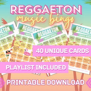 Reggaeton Music Bingo | Reggaeton Bingo | 40 Bingo Cards | Music Bingo With Playlist | Party Games | Printable Games | Digital Download