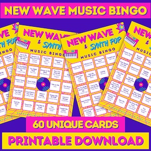 Puede incluir: Un conjunto de cuatro tarjetas de bingo de música New Wave y Synth Pop imprimibles con fondo amarillo y texto negro. Las tarjetas presentan una variedad de artistas y canciones de música de los 80. El texto en la parte inferior de la imagen dice "60 tarjetas únicas Descarga imprimible".