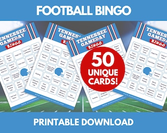 May include: A set of Tennessee Gameday Bingo cards featuring a blue and red header, a central football helmet icon, and a grid of game-related prompts. A large red circular overlay displays the white text 50 UNIQUE CARDS! in the center.