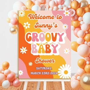 Letrero de bienvenida para baby shower moderno, editable / Letrero de bienvenida para baby shower retro / Letrero de bienvenida para baby shower hippie de los años 70 / Letrero de bienvenida imprimible