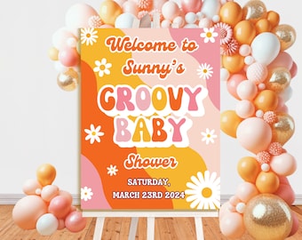 Groovy Baby Shower Welcome Sign, Editable | Retro Baby Shower Welcome Sign | 70&#39;s Hippie Baby Shower Welcome Sign | Printable Welcome Sign