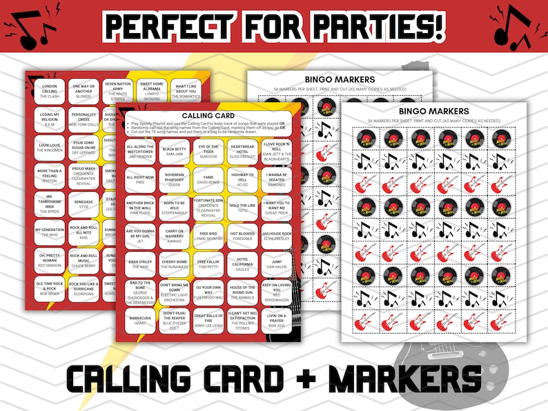 Rock and Roll printable music bingo game