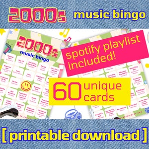 Bingo musical des années 2000 | Bingo singo des années 2000 | 60 cartes de bingo | Bingo musical de l'an 2000 avec liste de lecture | Jeux de société | Jeux imprimables | Téléchargement numérique
