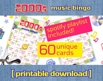 Juego de Bingo Musical de los 2000 / 60 Tarjetas Imprimibles (Descarga Digital)