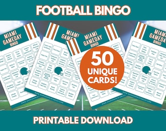 May include: Football Bingo game cards with a teal and orange color scheme. The cards feature the text "Miami Gameday Bingo" and include 50 unique cards. The image also includes the text "Printable Download".