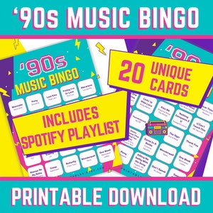 Muziekbingo uit de jaren 90 met afspeellijst, 20 bingokaarten, singo, bingo uit de jaren 90, bingo uit de jaren 90, feest jaren 90, feestspellen, afdrukbare spellen