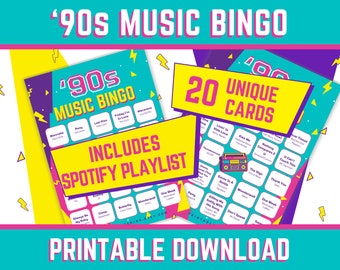 Juego de bingo musical de los 90, 20 tarjetas únicas (descarga digital)