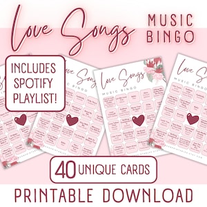 Bingo musical con canciones de amor, Bingo del Día de la Madre, Bingo de Galentines, Singo, Juegos de despedida de soltera, Juegos de aniversario, Juegos de fiesta imprimibles