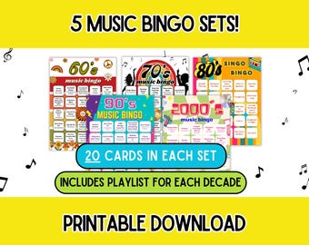Paquete de 5 juegos de bingo musical: años 60, 70, 80, 90 y 2000 (descarga digital).