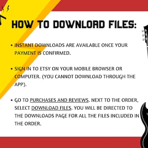 May include: A red and yellow graphic with a musical note and lightning bolts. The text "HOW TO DOWNLOAD FILES:" is in black. The text below explains how to download digital files from Etsy. A black electric guitar is on the right side of the image.