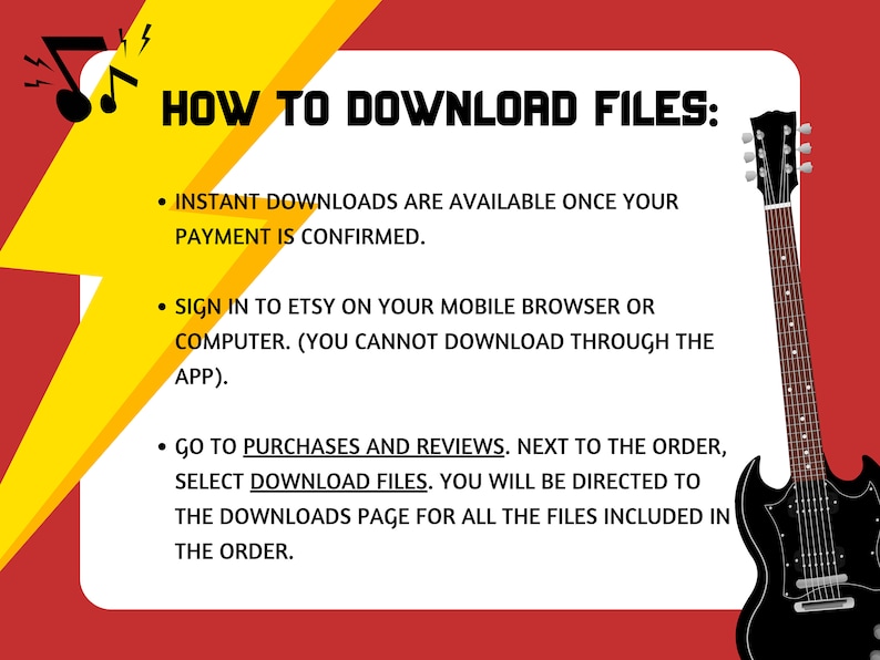 May include: A red and yellow graphic with a musical note and lightning bolts. The text "HOW TO DOWNLOAD FILES:" is in black. The text below explains how to download digital files from Etsy. A black electric guitar is on the right side of the image.
