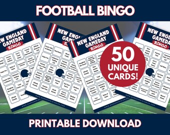 May include: A set of New England Gameday Bingo cards featuring a grid of football-themed prompts, a dark blue and red color scheme, and a large red circular graphic stating 50 UNIQUE CARDS! The text includes Football Bingo and Printable Download.