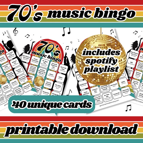 Bingo musical des années 70 | Bingo Singo des années 70 | 40 cartes de bingo | Musique des années 1970 | Jeux de société | Jeux imprimables | Téléchargement instantané PDF | Téléchargement numérique