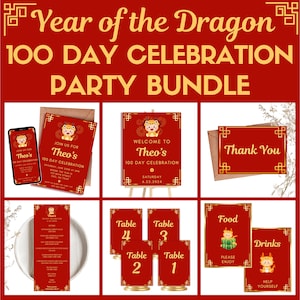 100-Tage-Feier-Party-Bundle | Jahr des Drachen 100 Tage Einladung, Willkommensschild, Dankeskarte, Tischschilder, Spiele | Digital