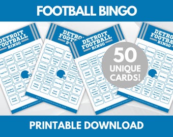 Juego de bingo de fútbol americano de Detroit: 50 tarjetas imprimibles (descarga digital)