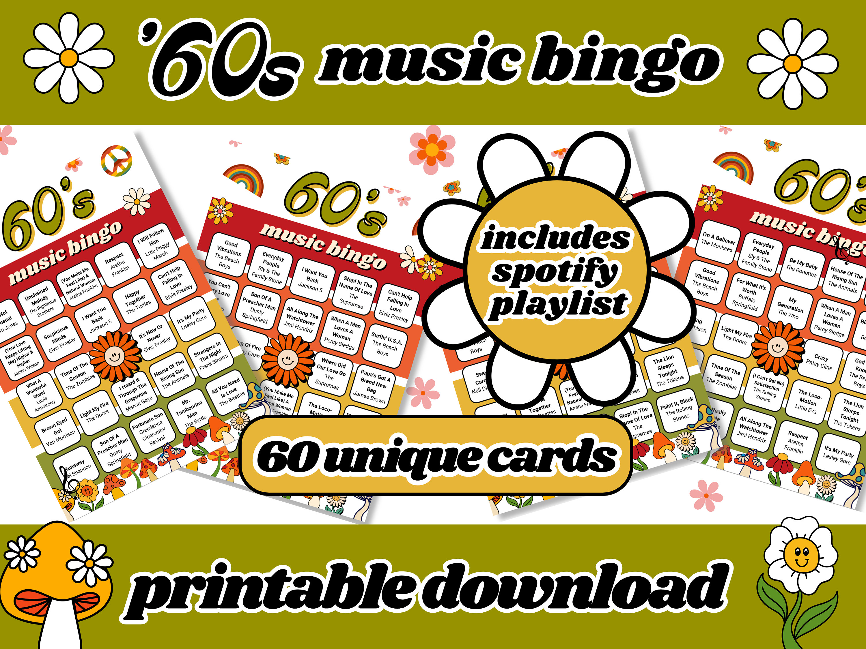 60s Music Bingo | 1960s Singo Bingo | 60 Bingo Cards | Music Bingo With Playlist | Party Games | Printable Games | Digital Download