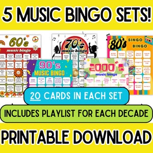 Music Bingo - 5 Pack | 60s, 70s, 80s, 90s, 2000s Music Bingo | 5 Decades of Music | Music Bingo With Playlist | Party Games | Printable Game