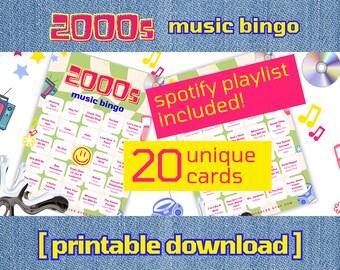 2000er Jahre Musikbingo | 20 Karten zum Ausdrucken, Playlist (Digitaler Download)