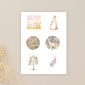 New Hampshire Sticker Sheet | New Hampshire State Symbols | 6 Kiss-Cut Vinyl Sticker Decals | Laptop Stickers | Journal Stickers