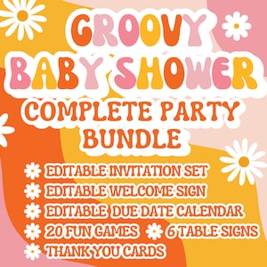 Groovy Babyparty Ultimatives Party Bundle | Groovy Baby Shower Einladung, Willkommensschild, Dankeskarte, Spiele, Tischschilder | Druckbare Spiele
