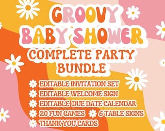 Groovy Baby Shower Ultimate Party Bundle | Groovy Baby Shower Invitation, Welcome Sign, Thank You Card, Games, Table Signs | Printable Games