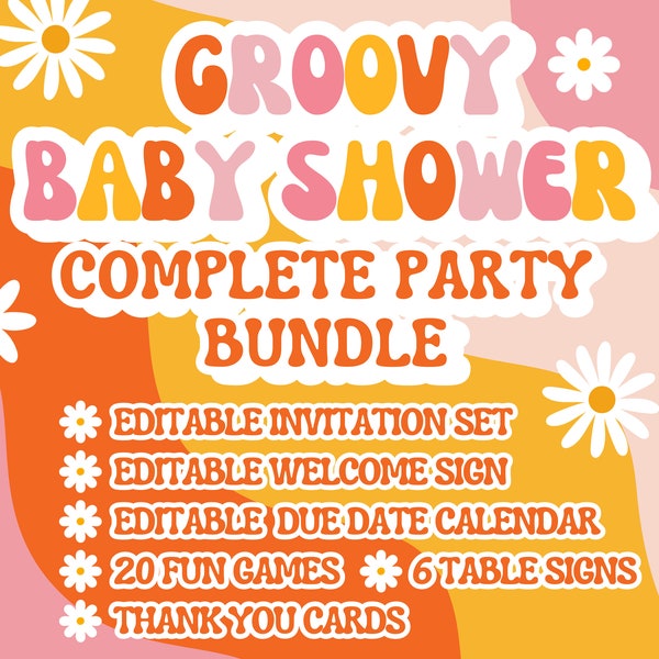 Groovy Baby Shower Ultimate Party Bundle | Groovy Baby Shower Invitation, Welcome Sign, Thank You Card, Games, Table Signs | Printable Games