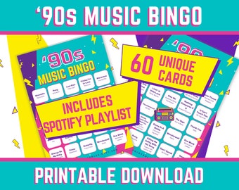 90er Jahre Musik Bingo Spiel mit Playlist, 60 Karten (Digitaler Download)