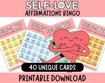 Bingo de afirmaciones de amor propio / 48 tarjetas de afirmaciones positivas para niños / 40 tarjetas de bingo educativas / Actividad para niños de salud mental, imprimible