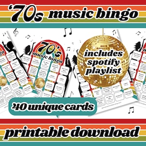 Bingo musical de los años 70 / Bingo singo de los años 70 / 40 cartones de bingo / Música de los años 70 / Juegos de fiesta / Juegos imprimibles / Descarga instantánea en PDF / Descarga digital
