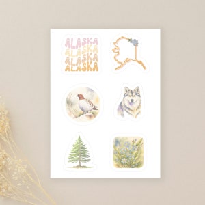 Alaska Sticker Sheet | Alaska State Symbols | 6 Kiss-Cut Vinyl Sticker Decals | Laptop Stickers | Journal Stickers | Waterproof Stickers