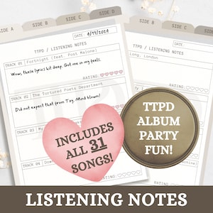 Tortured Poets Album Release Party Activity | TTPD New Album Listening Party Notes | Swiftie Party Games | Swiftie Activity | Printable Game