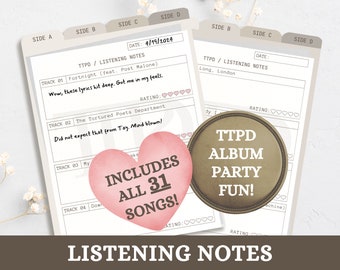 Fête de sortie de l'album de Tortured Poets | Notes d'écoute du nouvel album de la TTPD | Jeux de société Swiftie | Activité Swiftie | Jeu imprimable