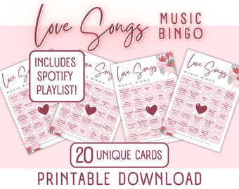 Love Songs Music Bingo | 20 Printable Cards (Digital Download)