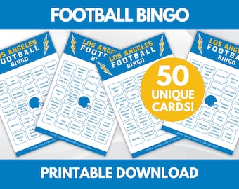 May include: Football Bingo game cards with a blue and white design. The cards feature the text "Los Angeles Football Bingo" and a football helmet graphic. The image includes the text "50 Unique Cards!" and "Printable Download".