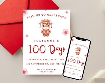 Invitación para la celebración del Año del Caballo (100 días): Fiesta del Huevo Rojo (Niña), Imprimible, Digital