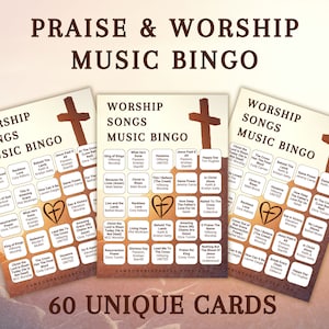 Christelijke muziekbingo | Bingo met liedjes voor lofprijs en aanbidding | Muziekbingo voor Pasen | 60 bingokaarten | Afdrukbare paasspellen | Digitale download