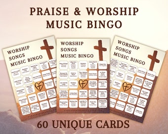 Christian Music Bingo | Praise & Worship Songs Bingo | Easter Music Bingo | 60 Bingo Cards | Easter Printable Games | Digital Download