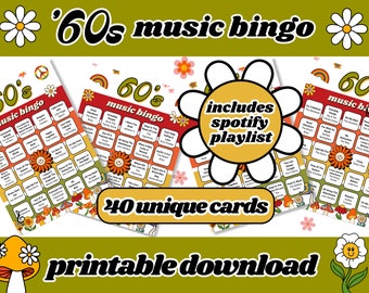 60s Music Bingo | 1960s Singo Bingo | 20 Bingo Cards | Music Bingo With Playlist | Party Games | Printable Games | Digital Download
