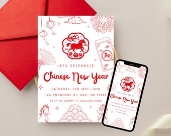 Invitación para el Año del Caballo / Fiesta del Año Nuevo Lunar Chino (Imprimible digitalmente)